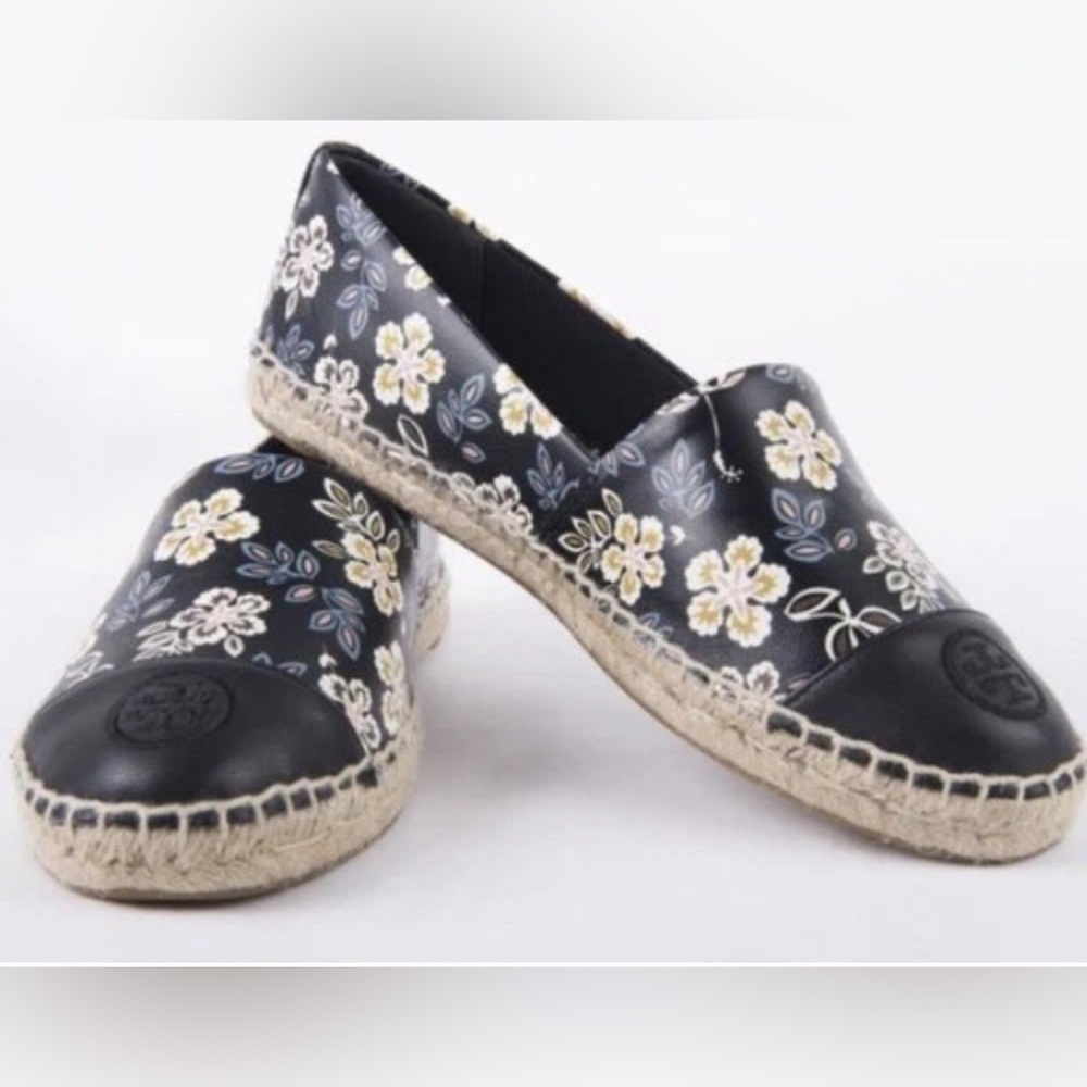Tory Burch Hopewell Black Floral Espadrilles with Leather Cap Toe